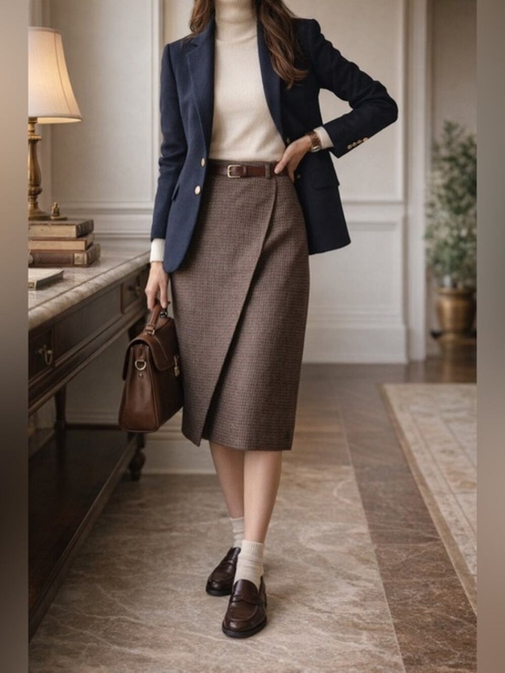 Ellen Tracy Wool Plaid Straight Wrap Skirt Academia Brown Size 6